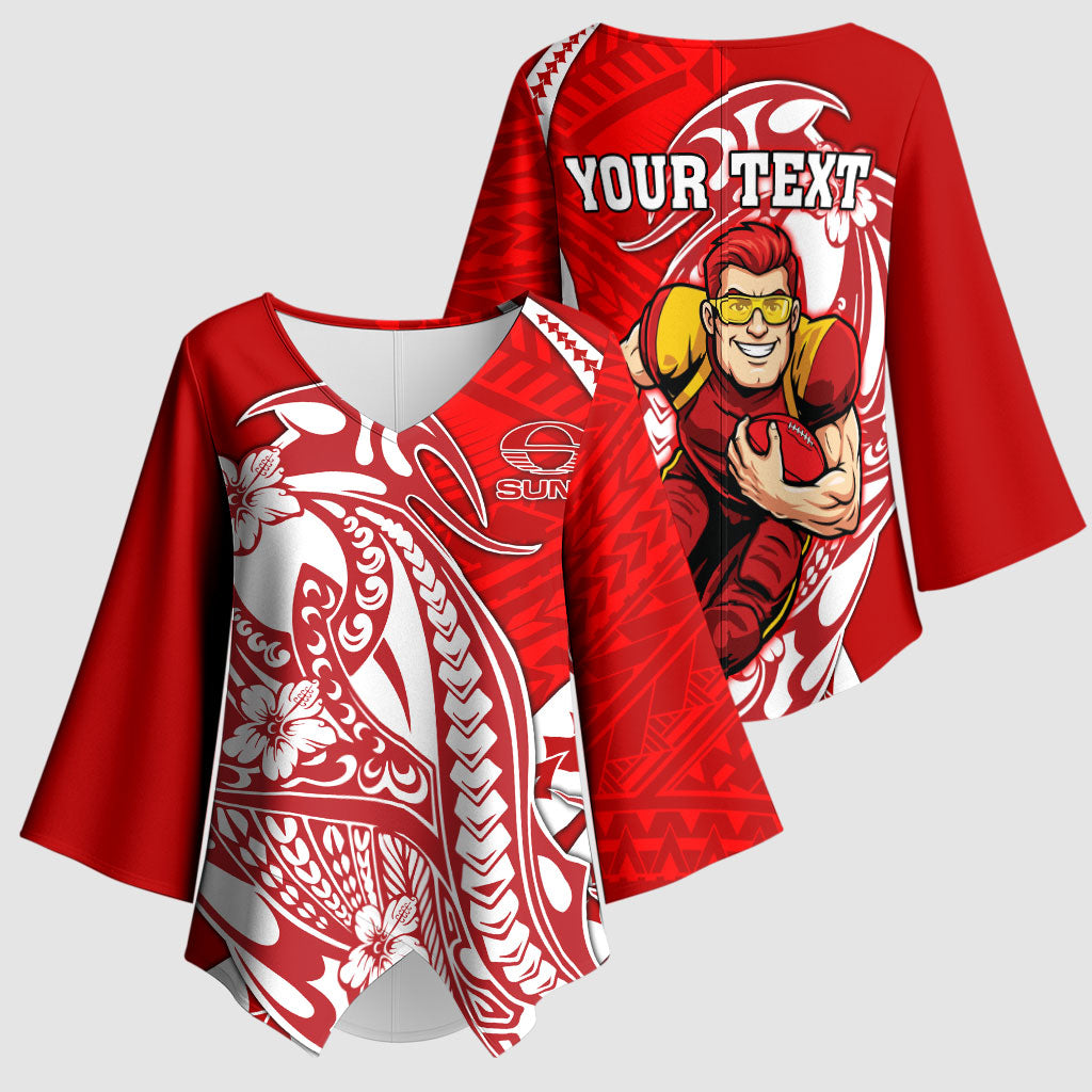 Personalized Gold Coast Suns Kimono Sleeve Blouse Polynesian Tribal Sun Mascot With Hibiscus Floral Art