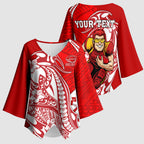 Personalized Gold Coast Suns Kimono Sleeve Blouse Polynesian Tribal Sun Mascot With Hibiscus Floral Art