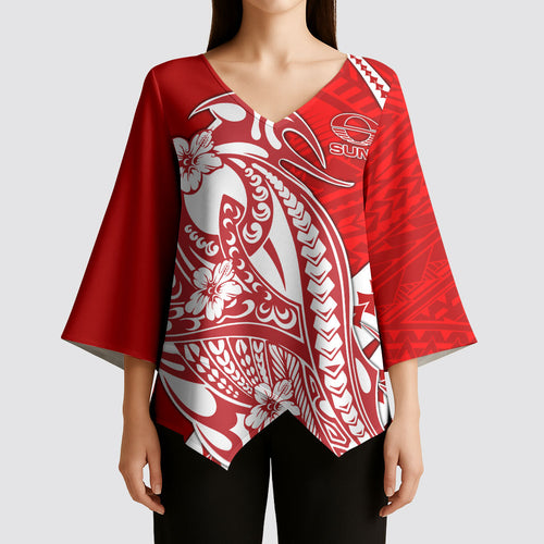 Personalized Gold Coast Suns Kimono Sleeve Blouse Polynesian Tribal Sun Mascot With Hibiscus Floral Art