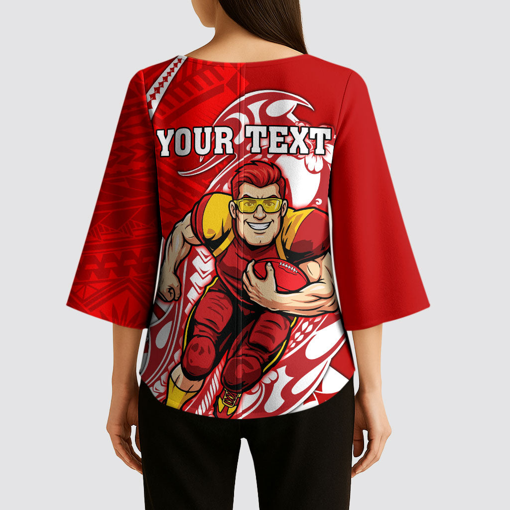 Personalized Gold Coast Suns Kimono Sleeve Blouse Polynesian Tribal Sun Mascot With Hibiscus Floral Art