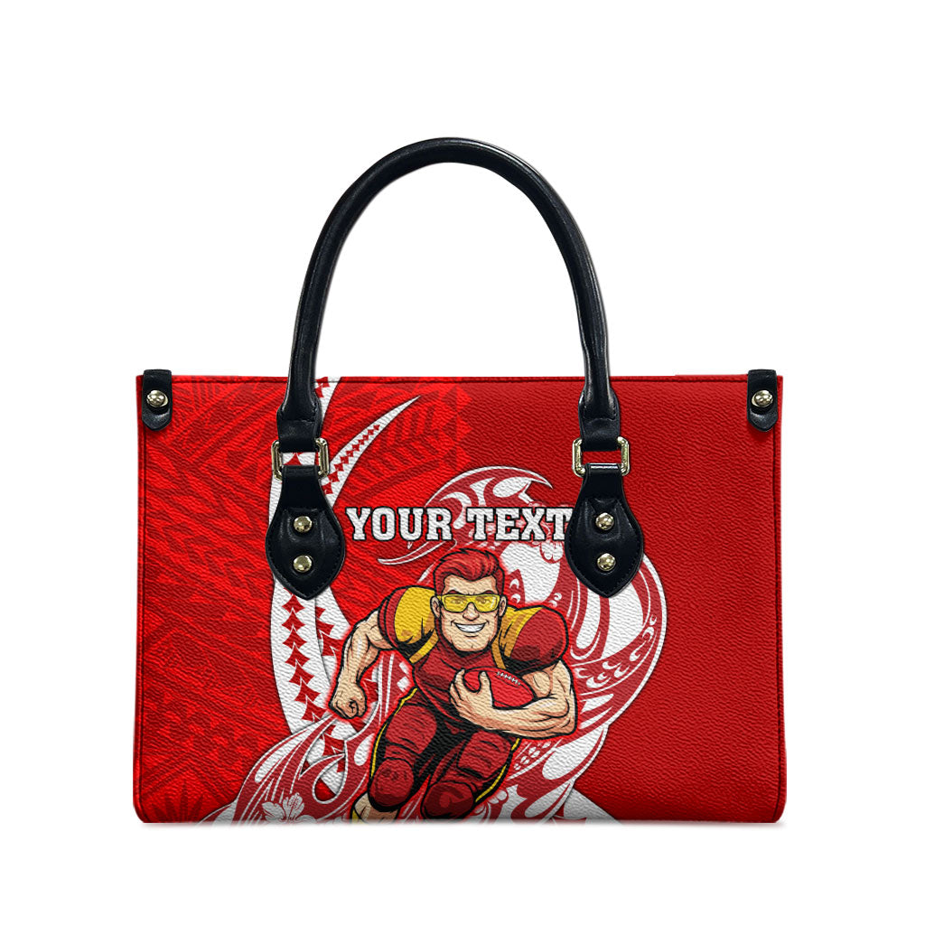 Personalized Gold Coast Suns Leather Bag Polynesian Tribal Sun Mascot With Hibiscus Floral Art