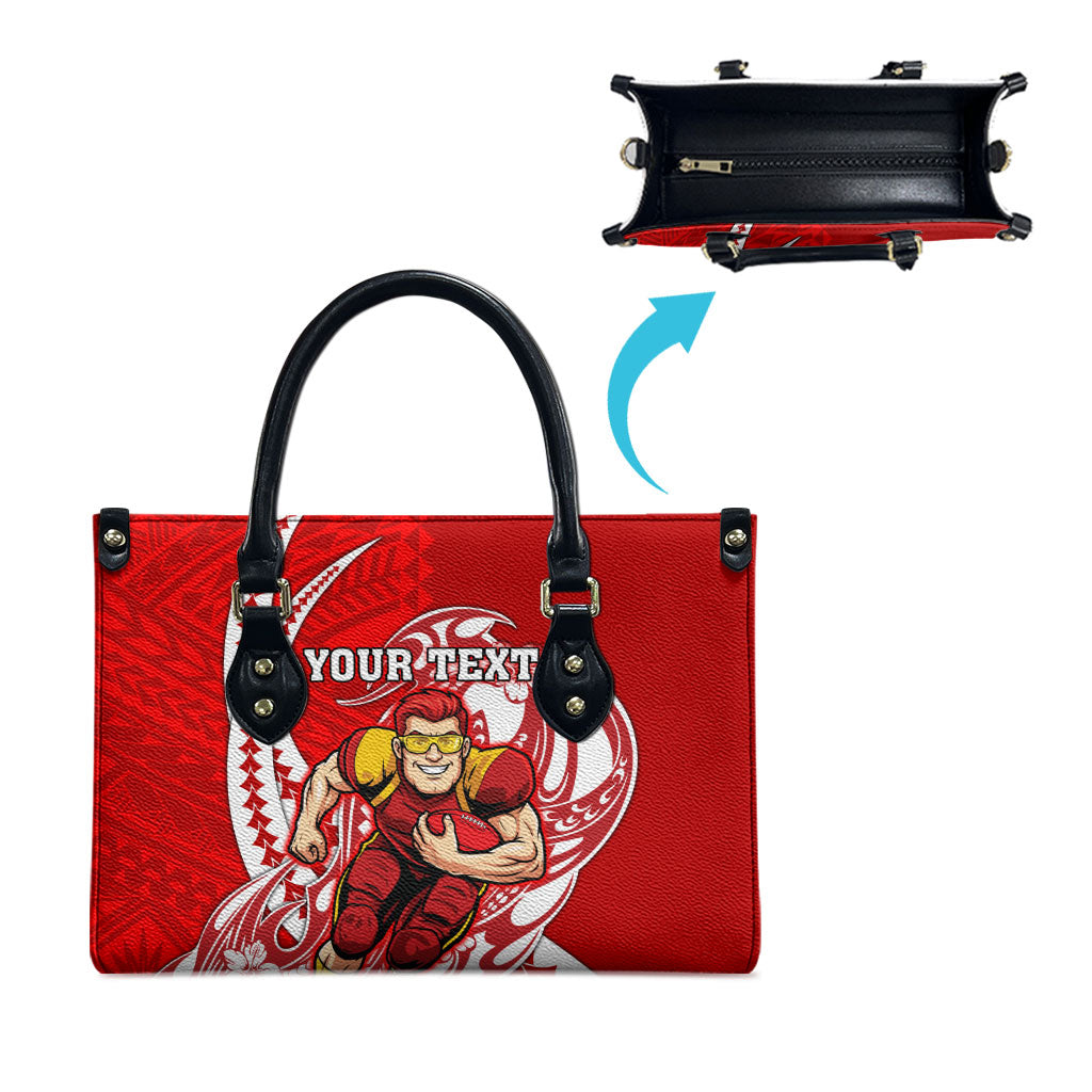 Personalized Gold Coast Suns Leather Bag Polynesian Tribal Sun Mascot With Hibiscus Floral Art