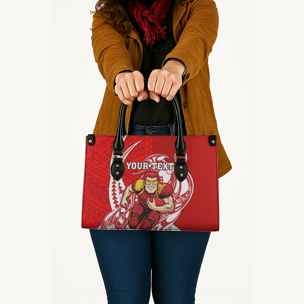Personalized Gold Coast Suns Leather Bag Polynesian Tribal Sun Mascot With Hibiscus Floral Art