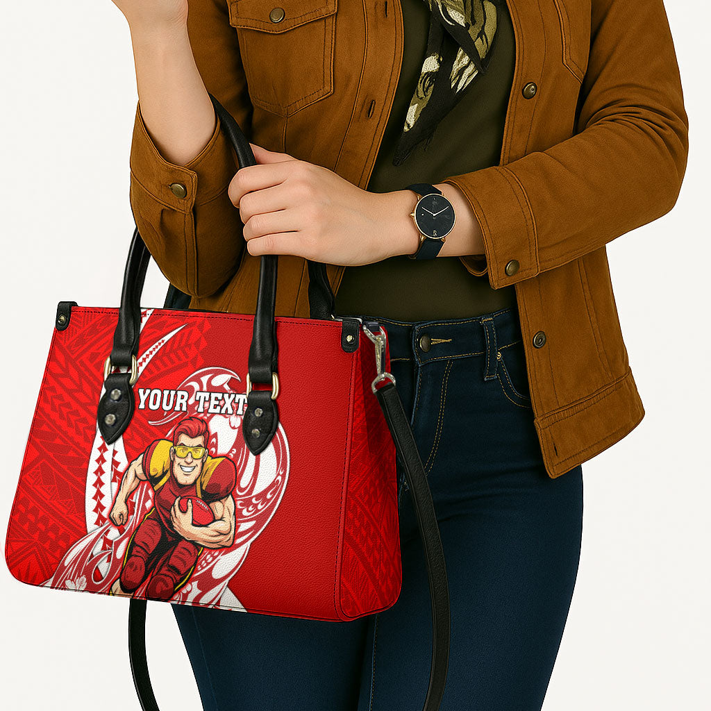 Personalized Gold Coast Suns Leather Bag Polynesian Tribal Sun Mascot With Hibiscus Floral Art
