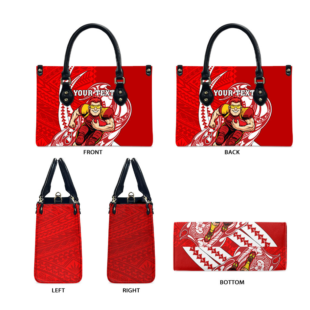 Personalized Gold Coast Suns Leather Bag Polynesian Tribal Sun Mascot With Hibiscus Floral Art