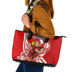 Personalized Gold Coast Suns Leather Tote Bag Polynesian Tribal Sun Mascot With Hibiscus Floral Art