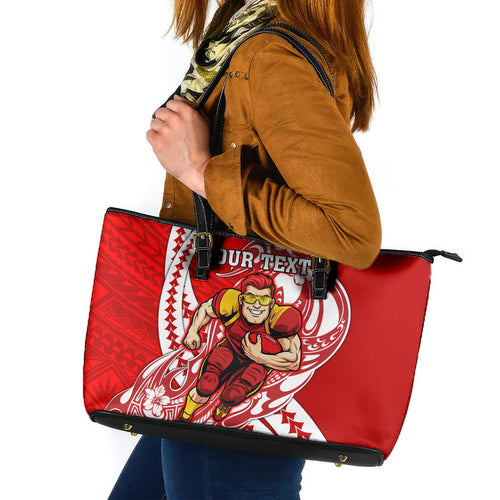 Personalized Gold Coast Suns Leather Tote Bag Polynesian Tribal Sun Mascot With Hibiscus Floral Art
