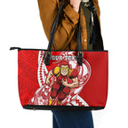 Personalized Gold Coast Suns Leather Tote Bag Polynesian Tribal Sun Mascot With Hibiscus Floral Art
