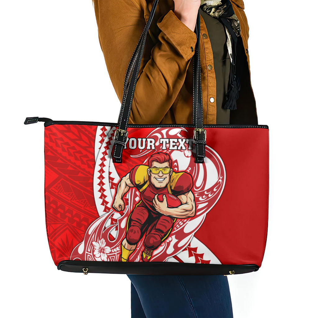 Personalized Gold Coast Suns Leather Tote Bag Polynesian Tribal Sun Mascot With Hibiscus Floral Art