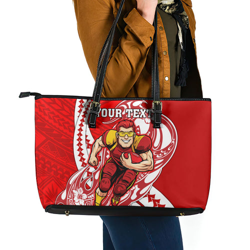 Personalized Gold Coast Suns Leather Tote Bag Polynesian Tribal Sun Mascot With Hibiscus Floral Art