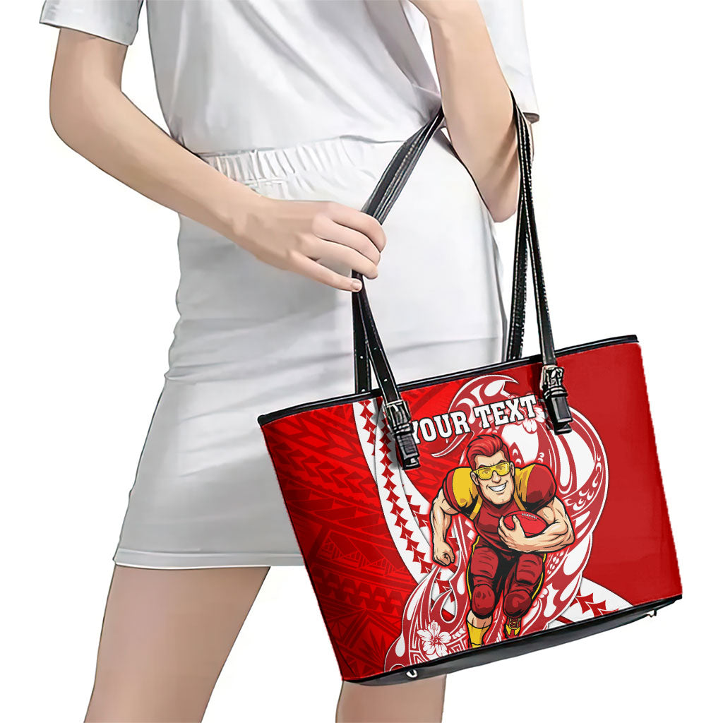 Personalized Gold Coast Suns Leather Tote Bag Polynesian Tribal Sun Mascot With Hibiscus Floral Art