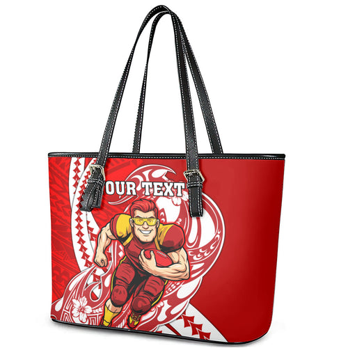Personalized Gold Coast Suns Leather Tote Bag Polynesian Tribal Sun Mascot With Hibiscus Floral Art