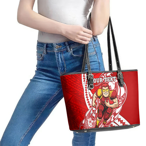 Personalized Gold Coast Suns Leather Tote Bag Polynesian Tribal Sun Mascot With Hibiscus Floral Art