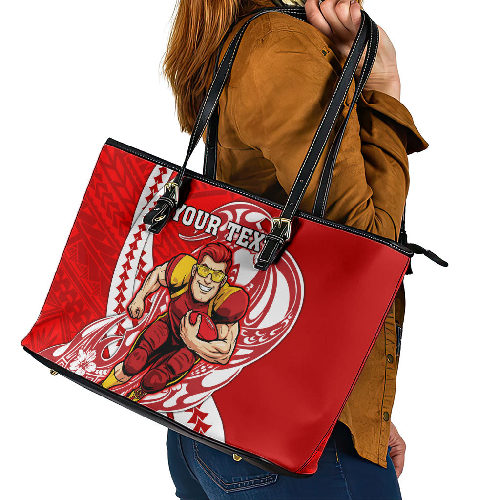 Personalized Gold Coast Suns Leather Tote Bag Polynesian Tribal Sun Mascot With Hibiscus Floral Art