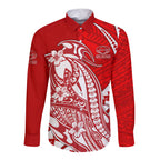 Personalized Gold Coast Suns Long Sleeve Button Shirt Polynesian Tribal Sun Mascot With Hibiscus Floral Art