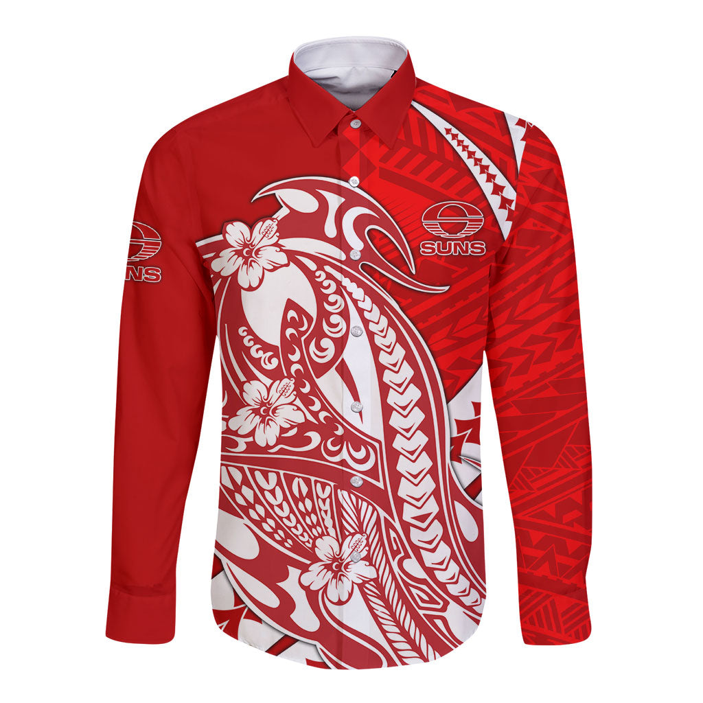 Personalized Gold Coast Suns Long Sleeve Button Shirt Polynesian Tribal Sun Mascot With Hibiscus Floral Art