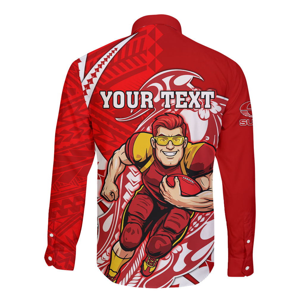 Personalized Gold Coast Suns Long Sleeve Button Shirt Polynesian Tribal Sun Mascot With Hibiscus Floral Art