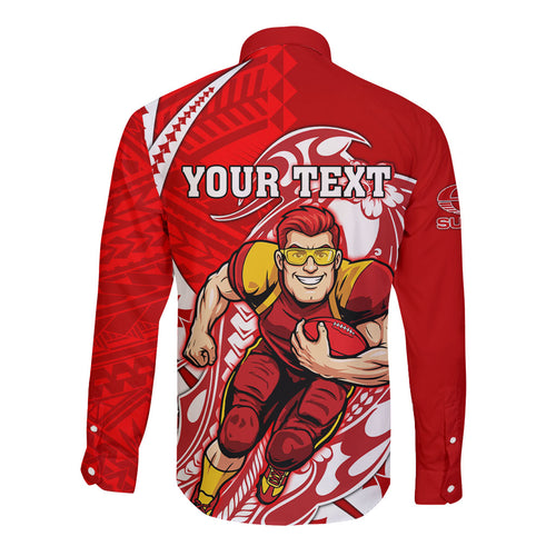 Personalized Gold Coast Suns Long Sleeve Button Shirt Polynesian Tribal Sun Mascot With Hibiscus Floral Art