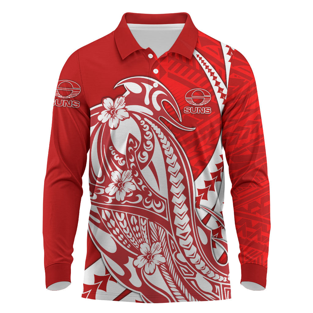 Personalized Gold Coast Suns Long Sleeve Polo Shirt Polynesian Tribal Sun Mascot With Hibiscus Floral Art