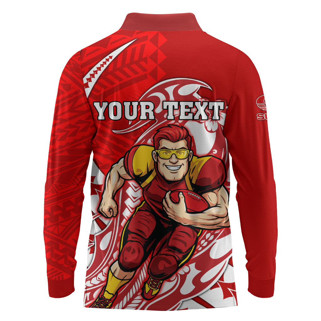 Personalized Gold Coast Suns Long Sleeve Polo Shirt Polynesian Tribal Sun Mascot With Hibiscus Floral Art