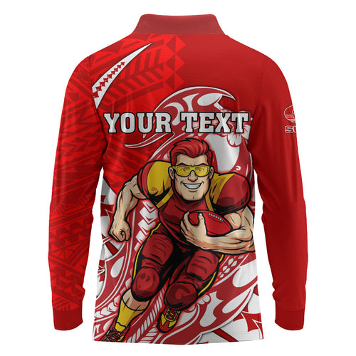 Personalized Gold Coast Suns Long Sleeve Polo Shirt Polynesian Tribal Sun Mascot With Hibiscus Floral Art