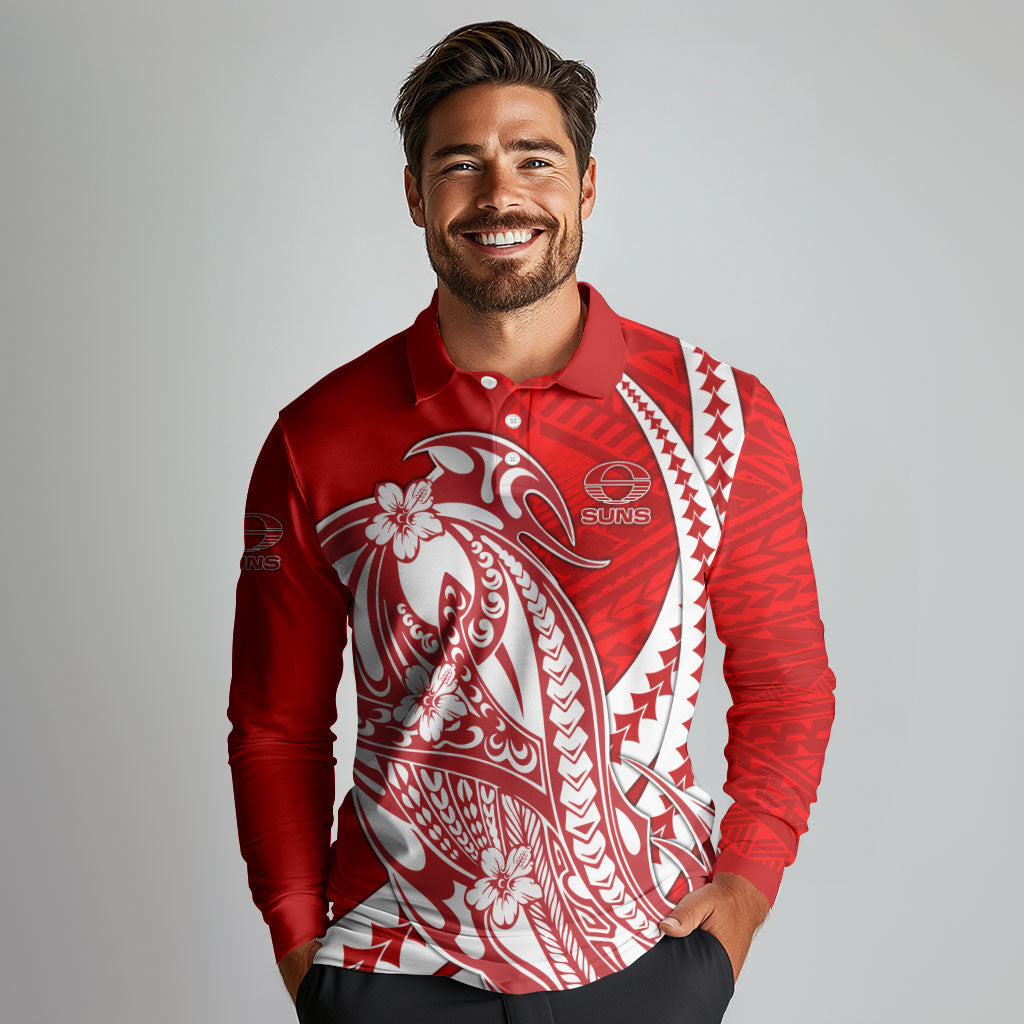 Personalized Gold Coast Suns Long Sleeve Polo Shirt Polynesian Tribal Sun Mascot With Hibiscus Floral Art
