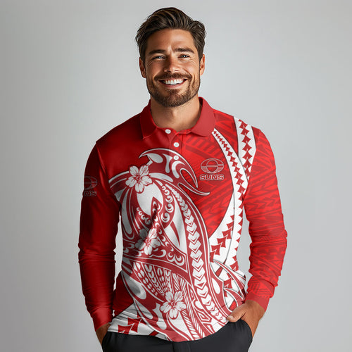 Personalized Gold Coast Suns Long Sleeve Polo Shirt Polynesian Tribal Sun Mascot With Hibiscus Floral Art