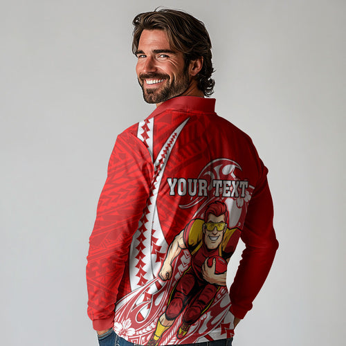 Personalized Gold Coast Suns Long Sleeve Polo Shirt Polynesian Tribal Sun Mascot With Hibiscus Floral Art