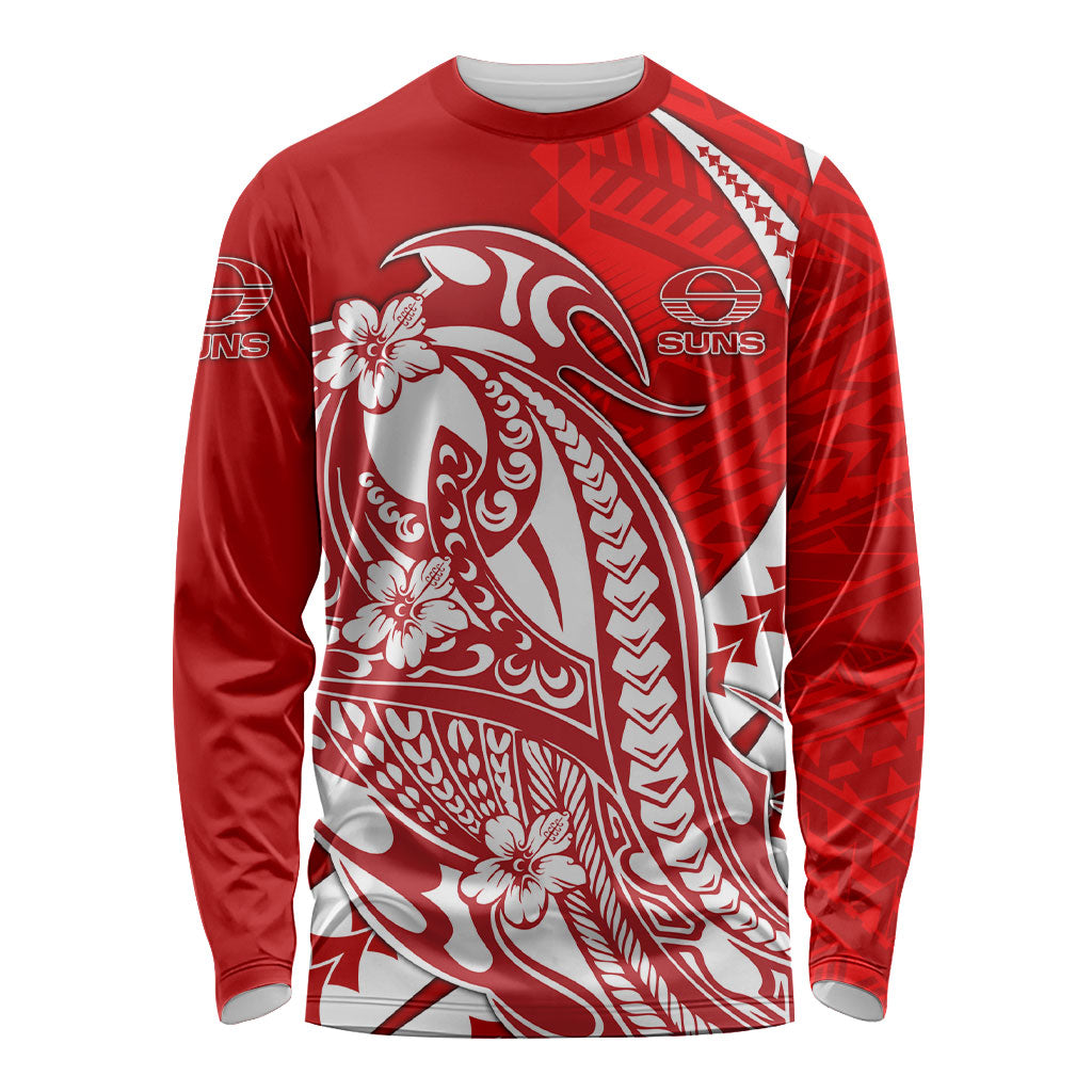 Personalized Gold Coast Suns Long Sleeve Shirt Polynesian Tribal Sun Mascot With Hibiscus Floral Art