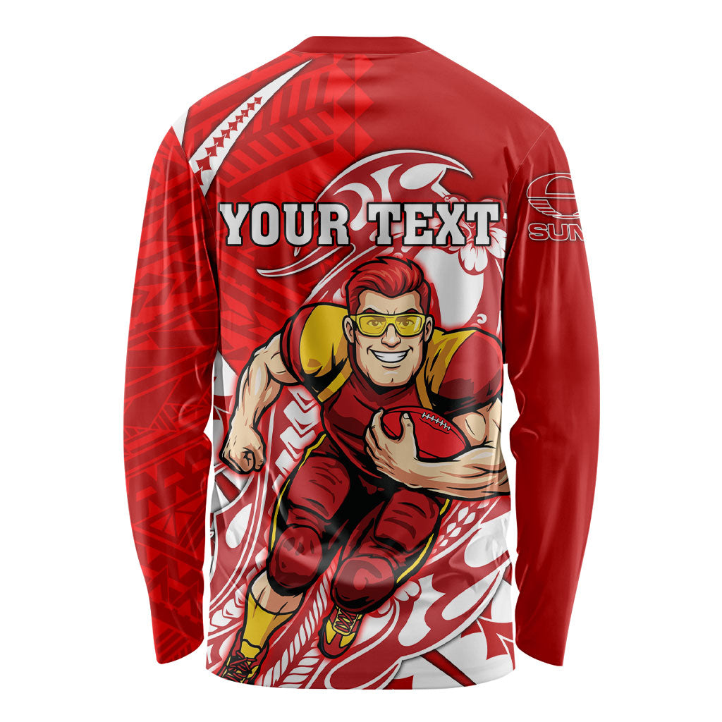 Personalized Gold Coast Suns Long Sleeve Shirt Polynesian Tribal Sun Mascot With Hibiscus Floral Art