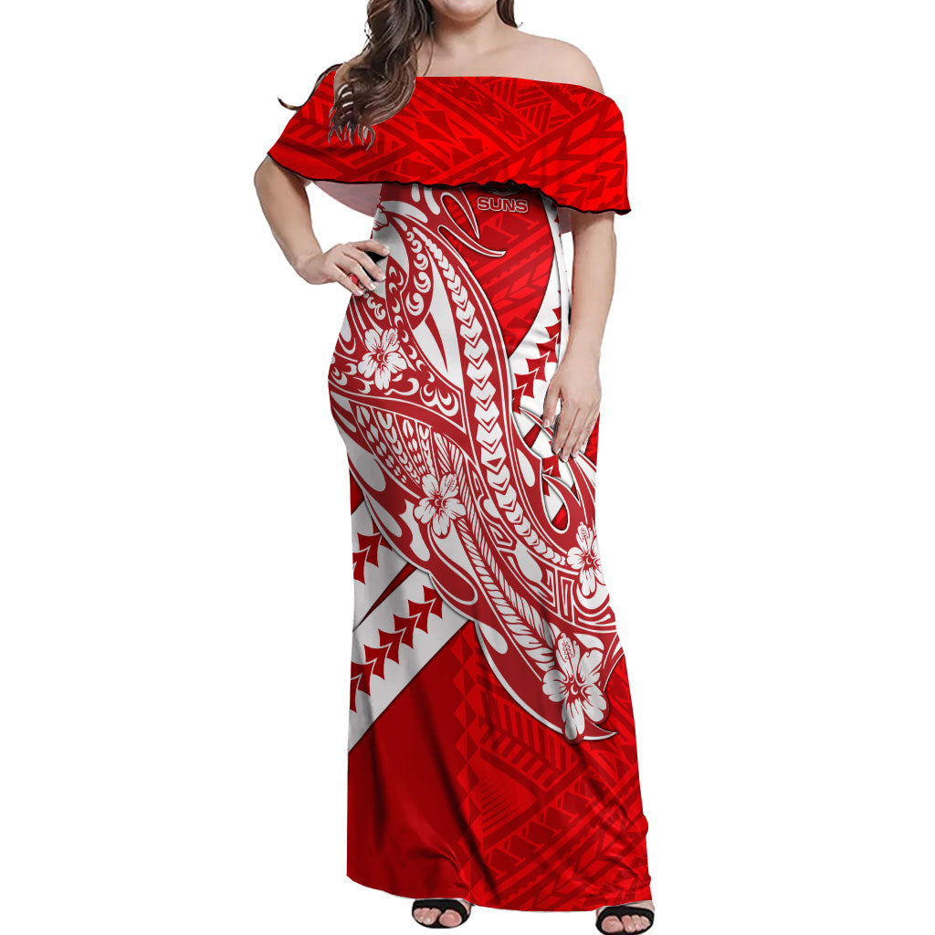 Personalized Gold Coast Suns Off Shoulder Maxi Dress Polynesian Tribal Sun Mascot With Hibiscus Floral Art