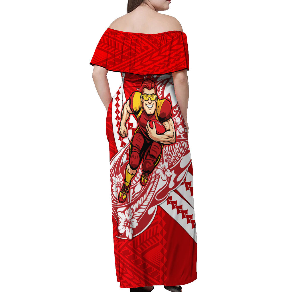 Personalized Gold Coast Suns Off Shoulder Maxi Dress Polynesian Tribal Sun Mascot With Hibiscus Floral Art