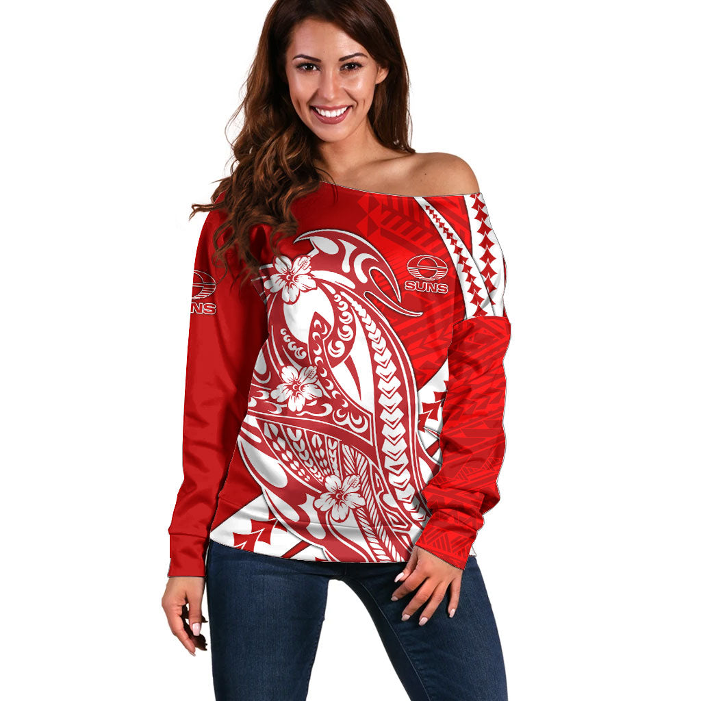Personalized Gold Coast Suns Off Shoulder Sweater Polynesian Tribal Sun Mascot With Hibiscus Floral Art