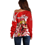 Personalized Gold Coast Suns Off Shoulder Sweater Polynesian Tribal Sun Mascot With Hibiscus Floral Art