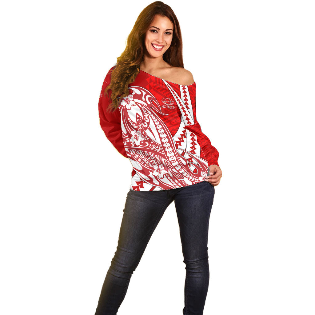 Personalized Gold Coast Suns Off Shoulder Sweater Polynesian Tribal Sun Mascot With Hibiscus Floral Art