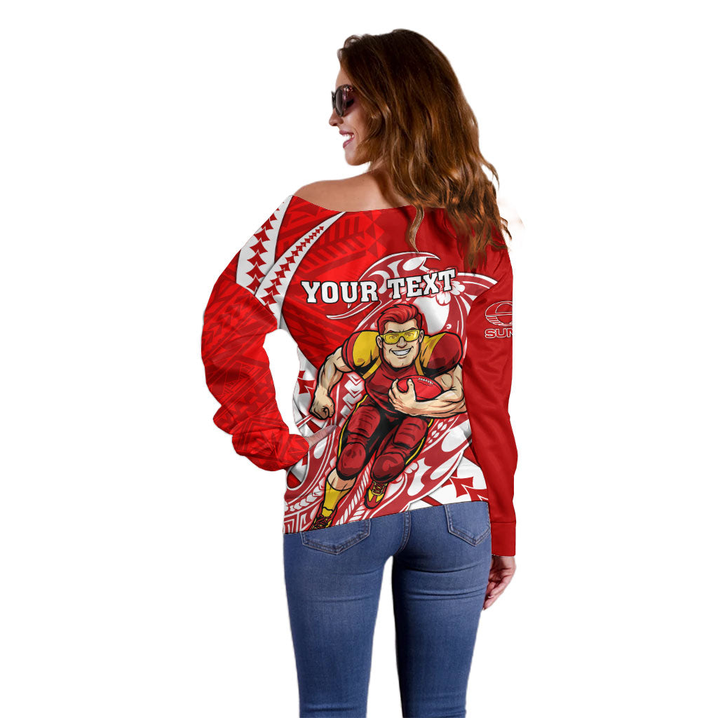 Personalized Gold Coast Suns Off Shoulder Sweater Polynesian Tribal Sun Mascot With Hibiscus Floral Art