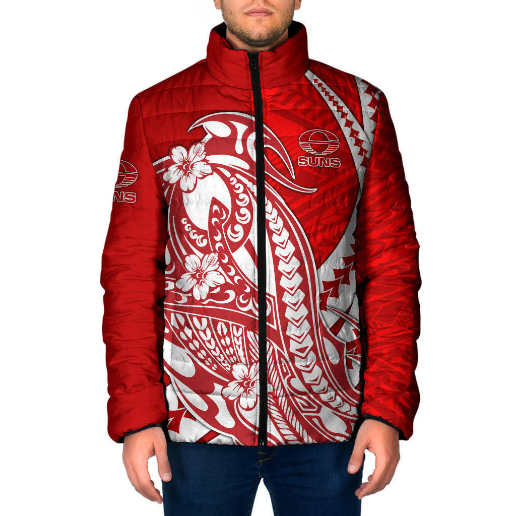 Personalized Gold Coast Suns Padded Jacket Polynesian Tribal Sun Mascot With Hibiscus Floral Art