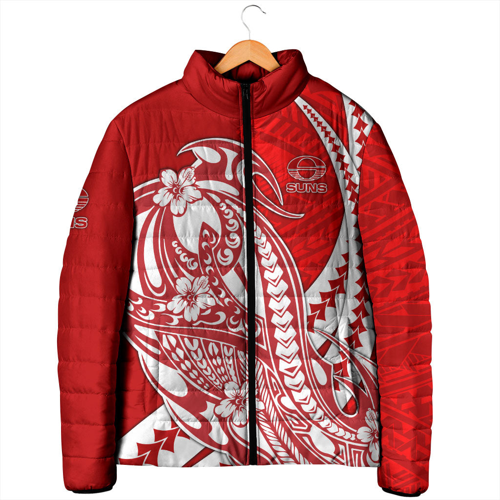 Personalized Gold Coast Suns Padded Jacket Polynesian Tribal Sun Mascot With Hibiscus Floral Art