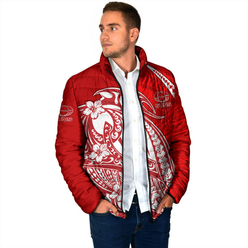 Personalized Gold Coast Suns Padded Jacket Polynesian Tribal Sun Mascot With Hibiscus Floral Art