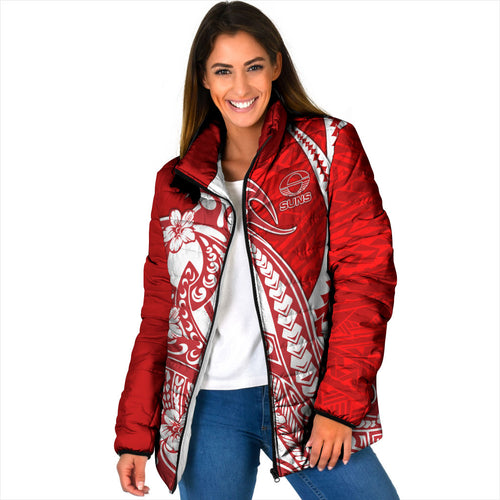 Personalized Gold Coast Suns Padded Jacket Polynesian Tribal Sun Mascot With Hibiscus Floral Art