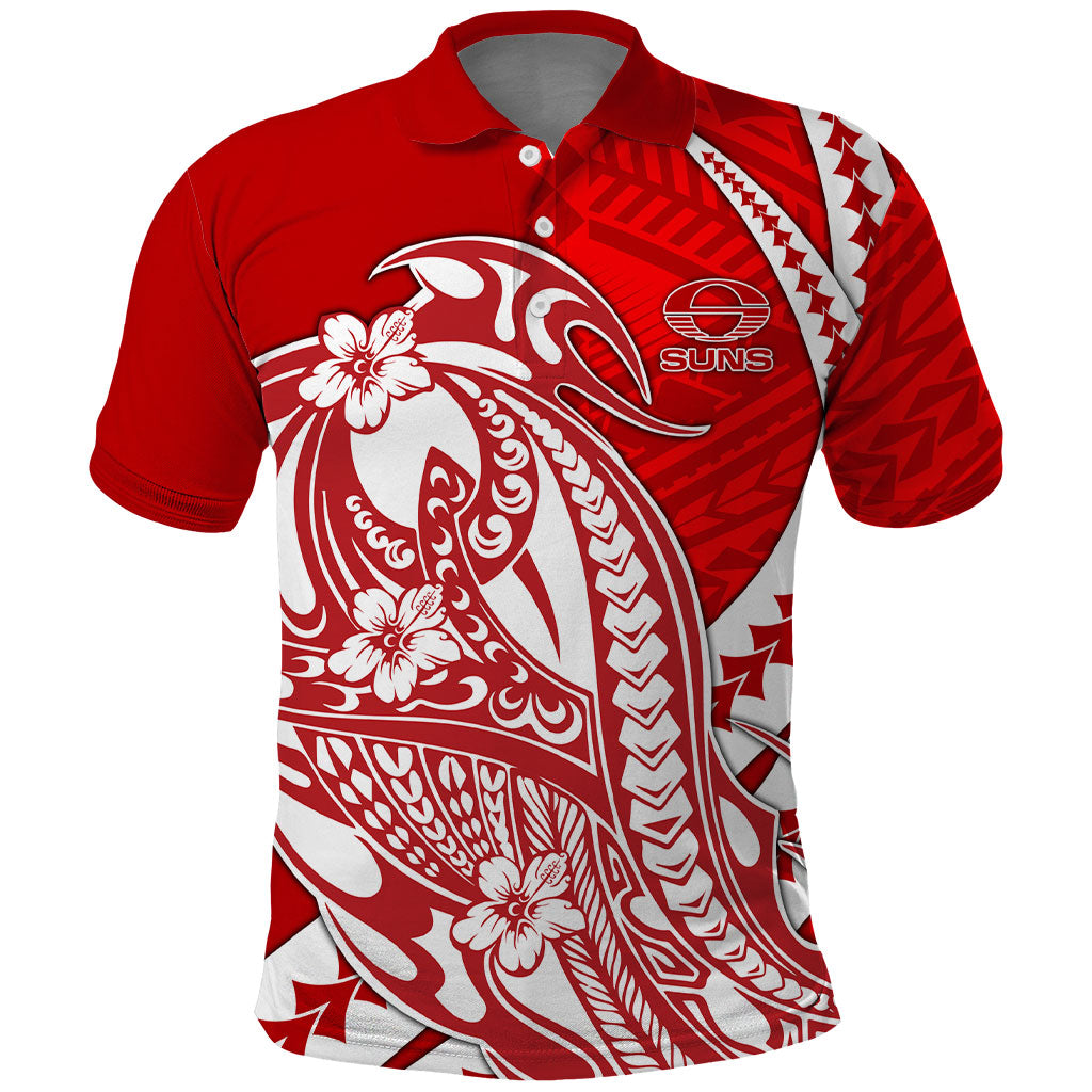 Personalized Gold Coast Suns Polo Shirt Polynesian Tribal Sun Mascot With Hibiscus Floral Art