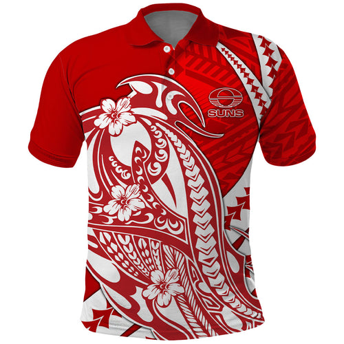 Personalized Gold Coast Suns Polo Shirt Polynesian Tribal Sun Mascot With Hibiscus Floral Art