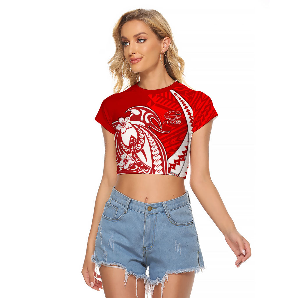Personalized Gold Coast Suns Raglan Cropped T Shirt Polynesian Tribal Sun Mascot With Hibiscus Floral Art