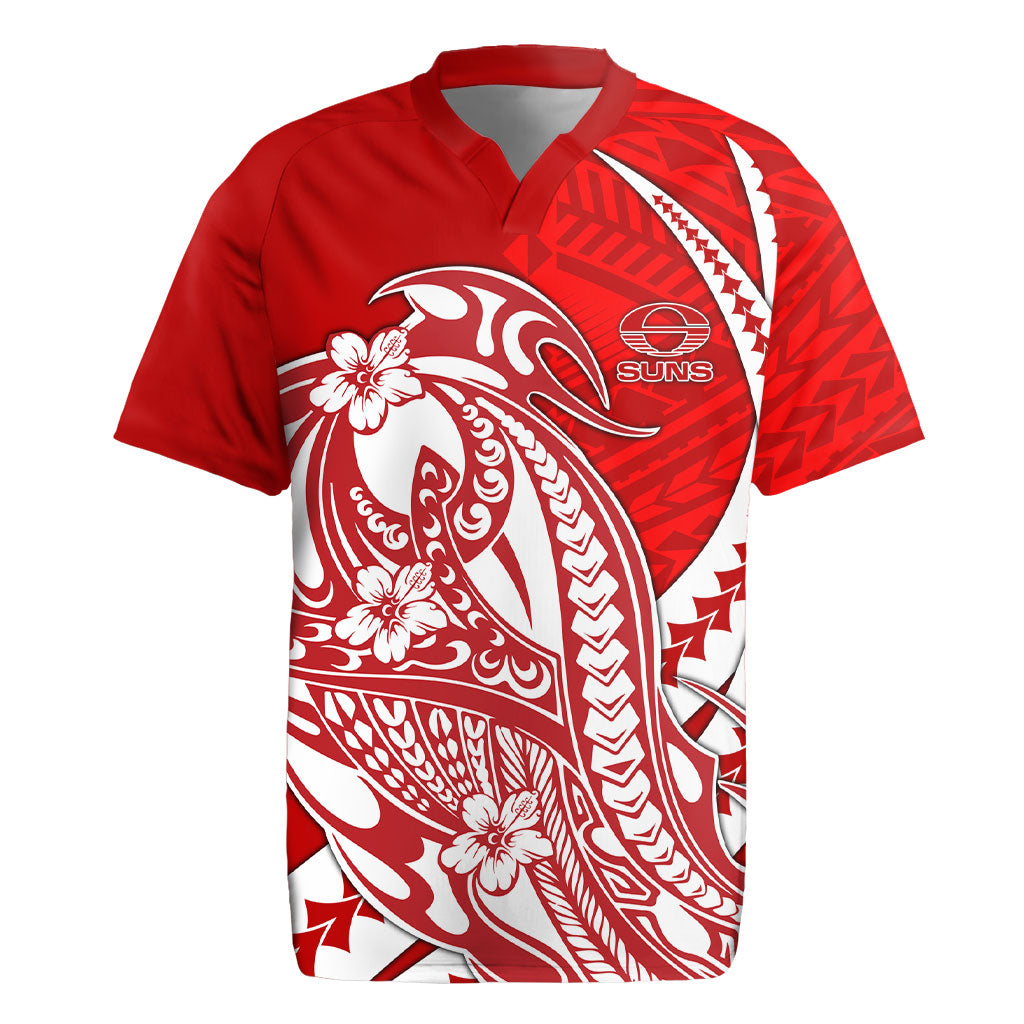 Personalized Gold Coast Suns Rugby Jersey Polynesian Tribal Sun Mascot With Hibiscus Floral Art