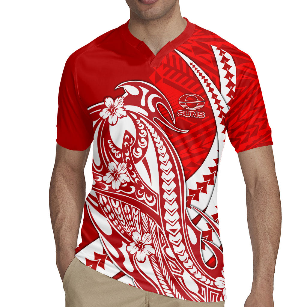 Personalized Gold Coast Suns Rugby Jersey Polynesian Tribal Sun Mascot With Hibiscus Floral Art
