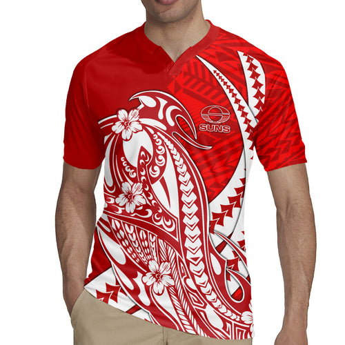 Personalized Gold Coast Suns Rugby Jersey Polynesian Tribal Sun Mascot With Hibiscus Floral Art