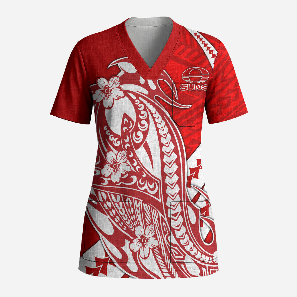 Personalized Gold Coast Suns Scrub Top Polynesian Tribal Sun Mascot With Hibiscus Floral Art