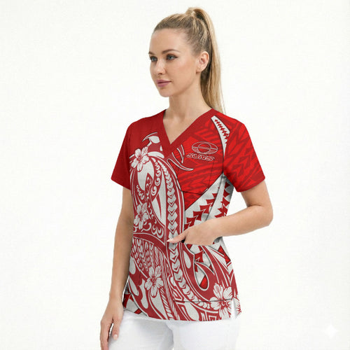 Personalized Gold Coast Suns Scrub Top Polynesian Tribal Sun Mascot With Hibiscus Floral Art