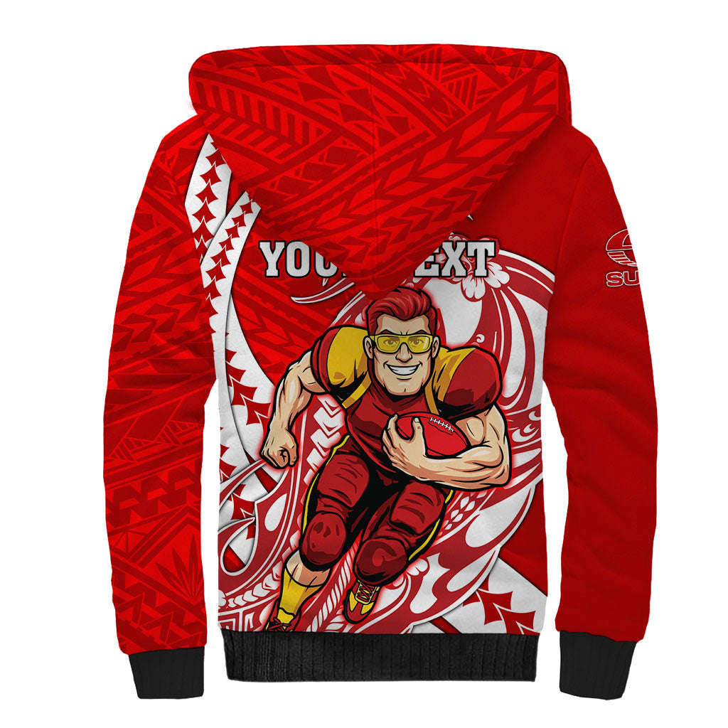 Personalized Gold Coast Suns Sherpa Hoodie Polynesian Tribal Sun Mascot With Hibiscus Floral Art