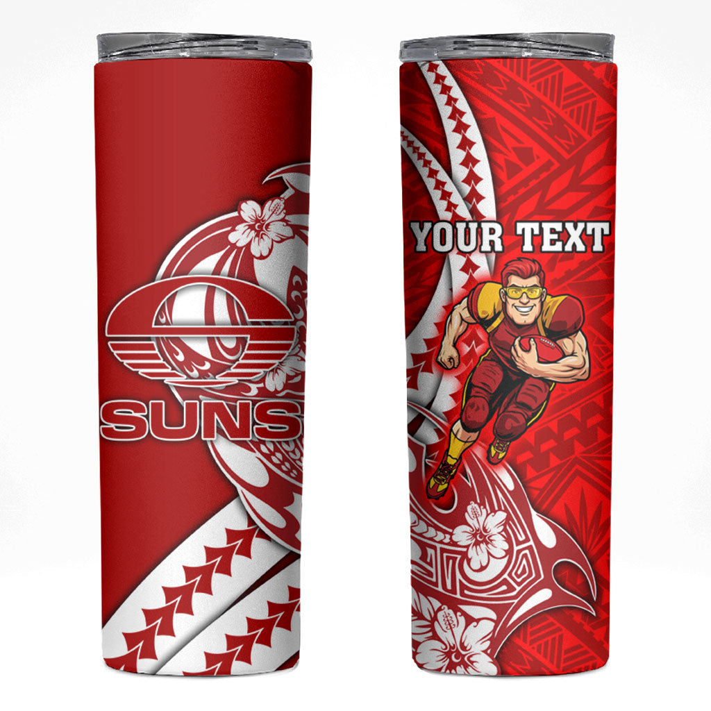 Personalized Gold Coast Suns Skinny Tumbler Polynesian Tribal Sun Mascot With Hibiscus Floral Art